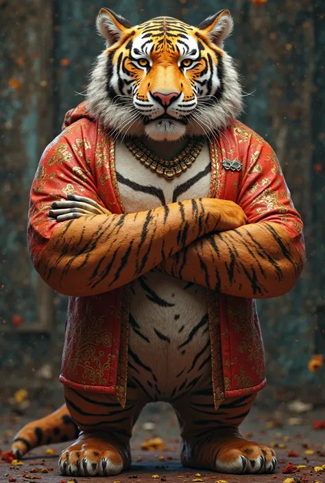 Make a strong tiger with a human body, this tiger wears a red and gold blouse, He has his arms crossed