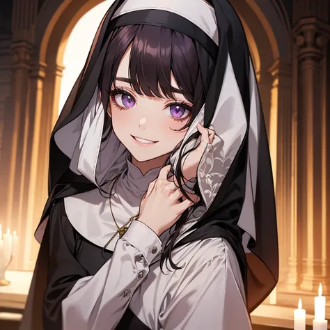 Hairstyle with nun veil, purple eyes like amethyst, hairstyle with bangs,  neat bangs, Bright and pure vibe, 20s, warm smiling eyes, Sacred atmosphere , Nun&#39;s attire, white skin, Thick lips,  puffy red cheeks ,  Relaxed body , female, 1 person, Cathedr...