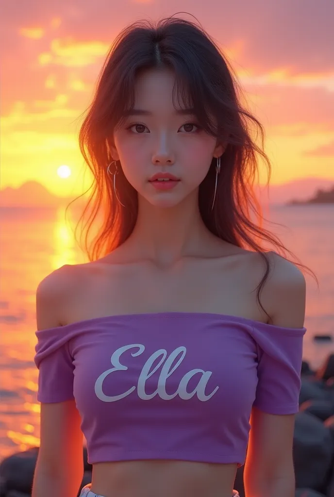 Korean pretty girl (1.5) wearing purple croptop with a name ella in the center of croptop with sunset background
