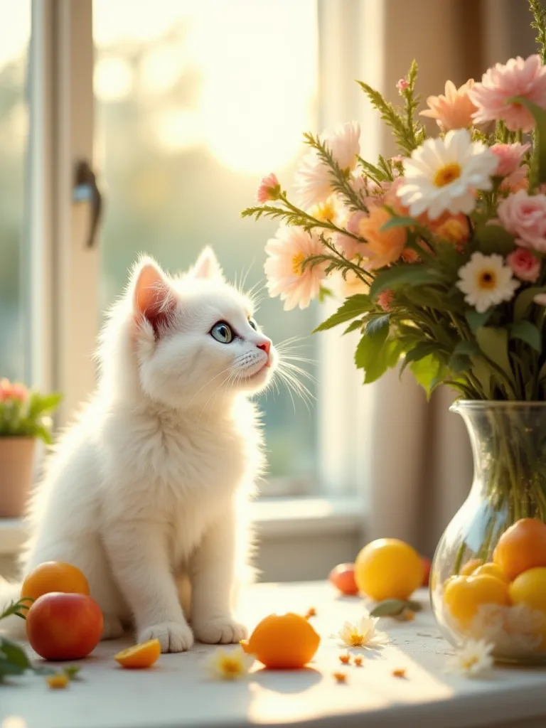 A white fluffy cat in the room gives a bouquet of flowers to a white fluffy cat, next to the table , there is a glass jug with fruit compote on the table, the sun is shining through the window, spring, morning,high resolution,  realistically , professional...