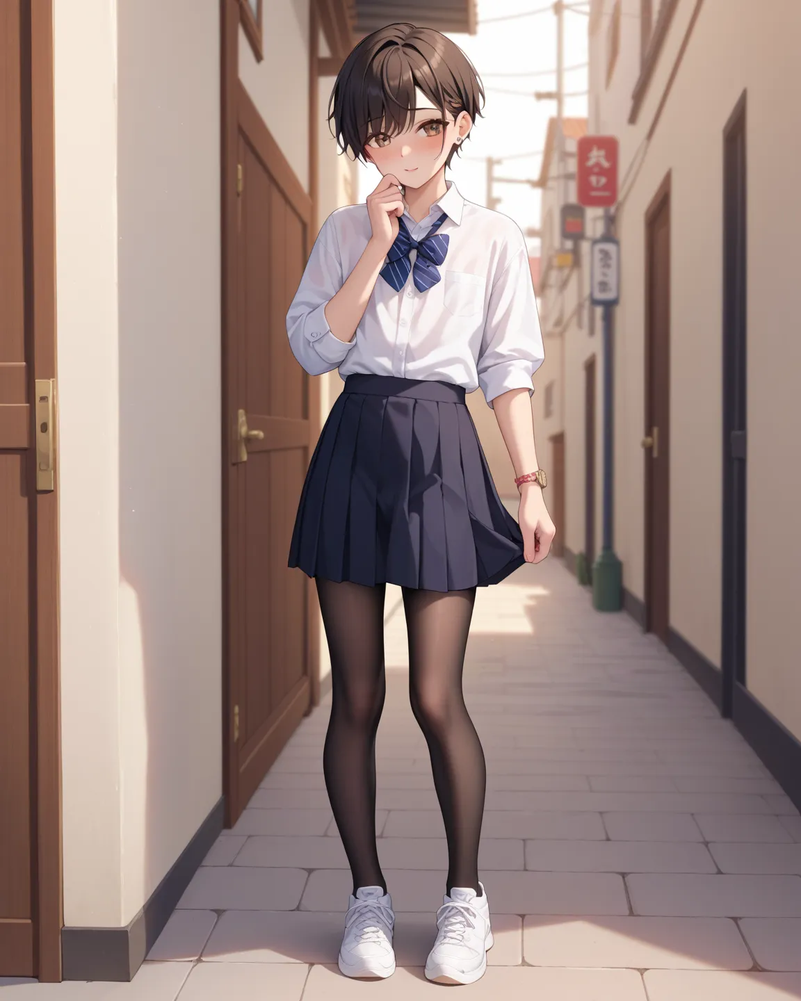  1femboy, stands on his feet, very short male black hair,  brown eyes, white shirt, black tights, black skirt knee length,  white sneakers, shy,  decent