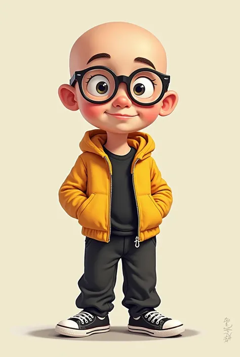 My head was bald when I was 22,  glasses-wearing , with a yellow pull on underneath and a black t-shirt inside the puller, Wearing loose black pants, Would you draw a cartoon character with convers on his foot?
