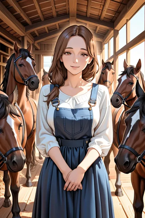 Mother in the stables with the horses