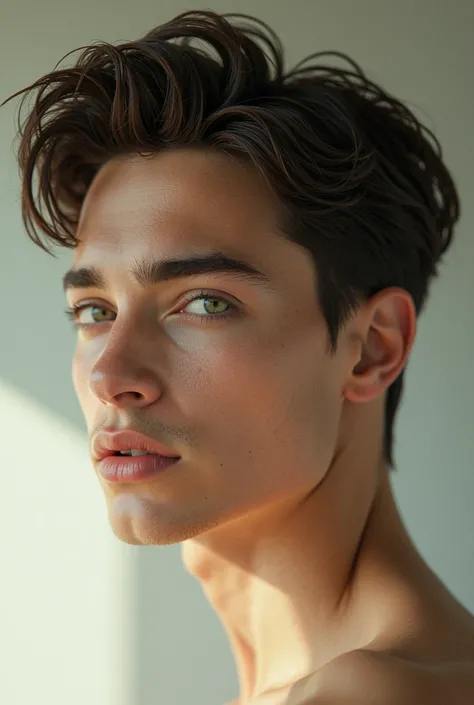 18-year-old Caucasian male ,  without beard perfect face defined jaws and raised cheekbones, soft lips dark brown hair penetrating green eyes, divine beauty, light on your face
