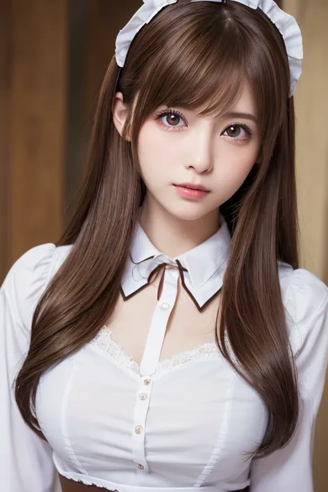 faceup,highest quality, masterpiece, 8k, Ultra-high resolution, (Realistic: 1.4), 1 girl, Beautiful Face, Symmetrical eyes, big, Perfect Body Proportions, ((Long Hair))、((Brown Hair:1.5)), Maid、((ゴスロリ風Maid服:1.4)), Viewer&#39;sight, ((Coffee shop、Blurred Ba...