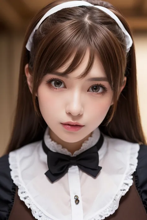 faceup,highest quality, masterpiece, 8k, Ultra-high resolution, (Realistic: 1.4), 1 girl, Beautiful Face, Symmetrical eyes, big, Perfect Body Proportions, ((Long Hair))、((Brown Hair:1.5)), Maid、((ゴスロリ風Maid服:1.4)), Viewer&#39;sight, ((Coffee shop、Blurred Ba...