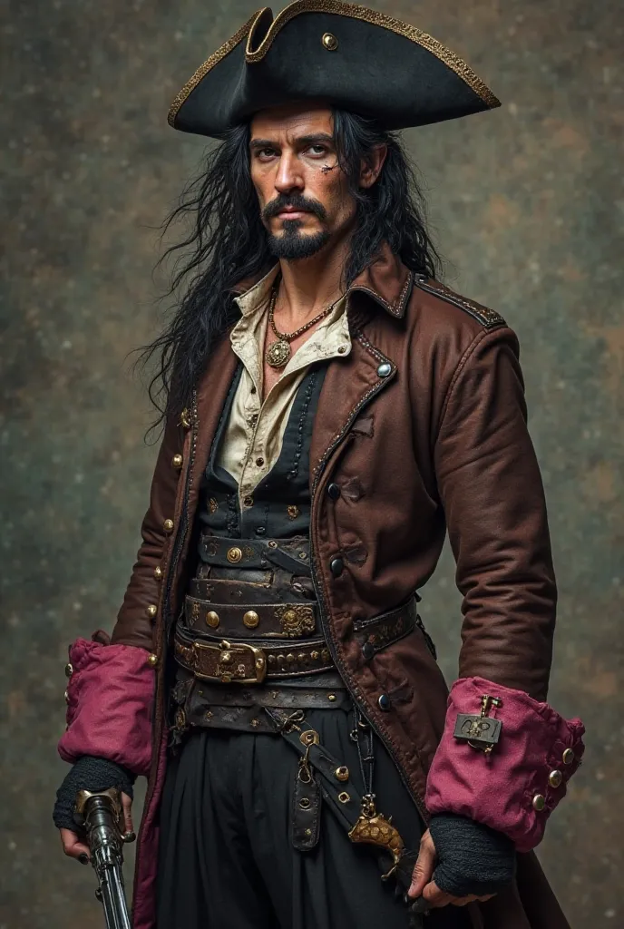 a pirate man with a somewhat dark complexion, black hair with a mullet and brown eyes, the left one is covered by a patch that has the symbol of a three-leaf clover on it due to a scar that runs down its cheek. He has a pirate jacket with a dark brown pira...