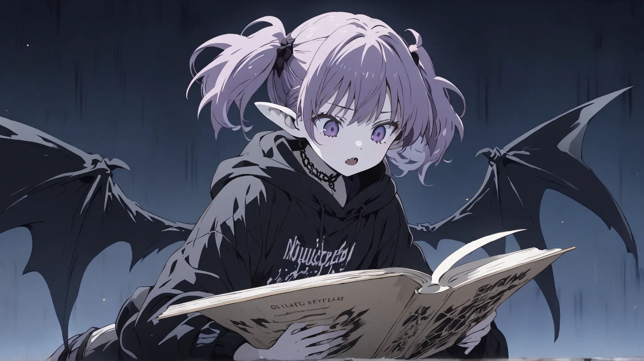  1girl , purple hair, short twin tails, short stature, emotionless expression, bat-like features, Sharp fangs, Blank stare, reading a book, wings hidden under clothes, oversized sweater, dark color scheme, pale skin, large ears, night scene background, sou...