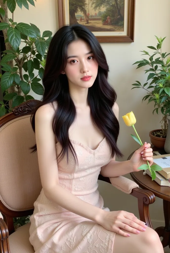 a woman sitting on a chair with elegant style. She wore a light pink lace dress and held a light yellow tulip in her hand. The background has many green trees and wall paintings, creating a gentle, sophisticated space. The exterior and interior have a clas...