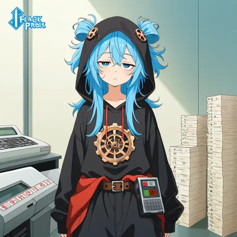  1girl , blue hair, messy hairstyle, tired expression, lazy posture, oversized hoodie, baggy pants, slouching, half-lidded eyes, mechanical calculator attached to hip, steampunk-inspired calculator design, gears visible, punch cards scattered around, print...