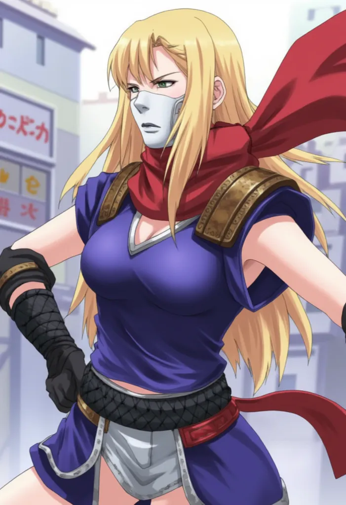 
,HYBSRYNG female , kunoichi Shinobi, mouth mask, red scarf, blue clothes, armor, sleeveless, arm guards, fingerless gloves, Kung fu boots, sheathed,1girl, Long Hair, Bangs, Blonde Hair, Blunt Bangs, Single Braid, assassin tesen fans shoulder pads and rich...