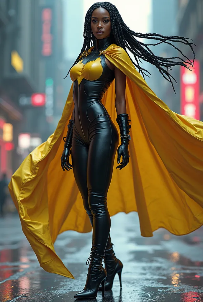 robin, superheroine, black ethnicity, braided hair, sexy, leather boots, yellow cape