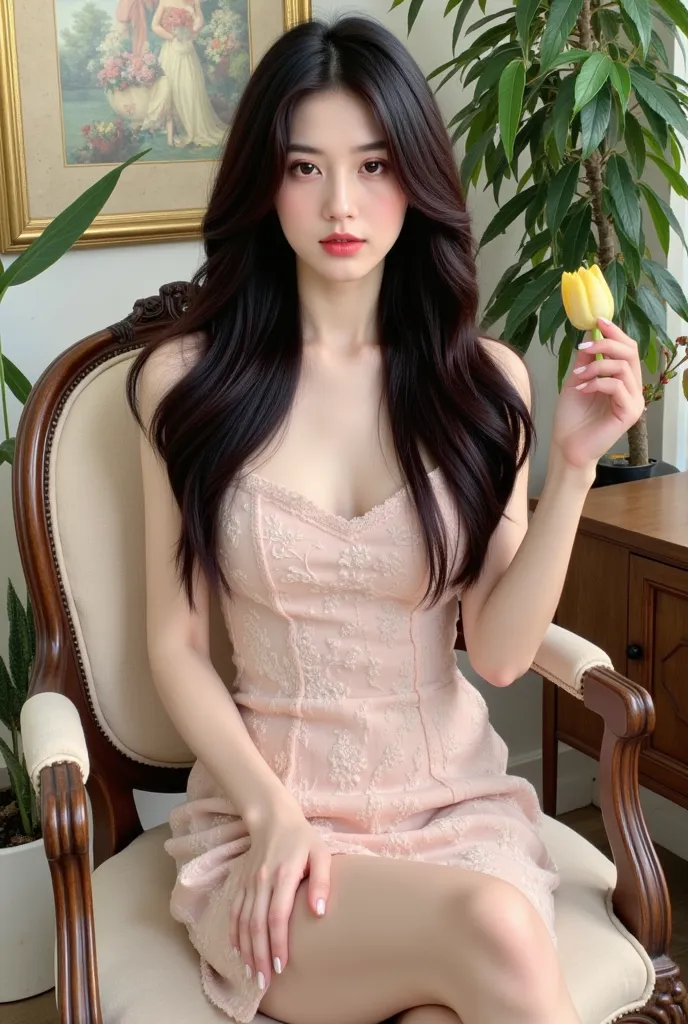 a woman sitting on a chair with elegant style. She wore a light pink lace dress and held a light yellow tulip in her hand. The background has many green trees and wall paintings, creating a gentle, sophisticated space. The exterior and interior have a clas...