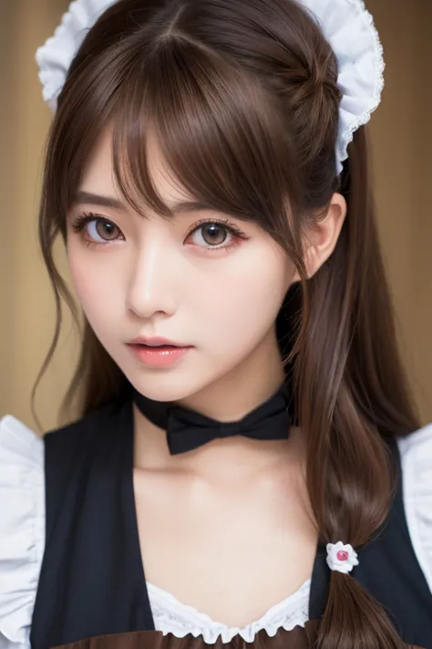 faceup,highest quality, masterpiece, 8k, Ultra-high resolution, (Realistic: 1.4), 1 girl, Beautiful Face, Symmetrical eyes, big, Perfect Body Proportions, ((Long Hair))、((Brown Hair:1.5)), Maid、((ゴスロリ風Maid服:1.4)), Viewer&#39;sight, ((Coffee shop、Blurred Ba...