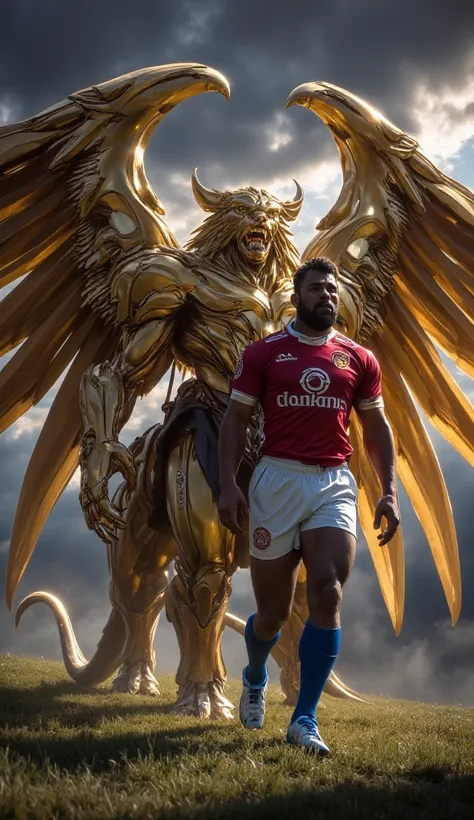 A powerful titan warrior lion with a muscular, imposing body, glowing eyes, and majestic outstretched wings walks forward beside a focused Samoa rugby player in full uniform. The lion’s fur is a deep golden color, and its wings, massive and strong, ready f...