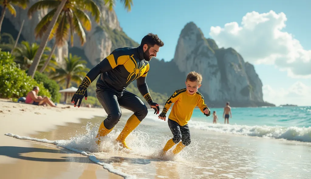 A man wearing a black combination yellow spiderman costume with a boy, , wearing a yellow black combination spiderman costume, playing sea water together,  white sand beach background ,ocean,rock mountain ,house of the board,coconut trees people playing,  ...