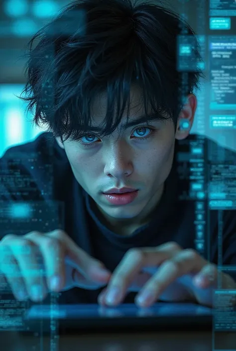 Young man 20 years old, Hacker. very pretty, blue eyes and black hair.