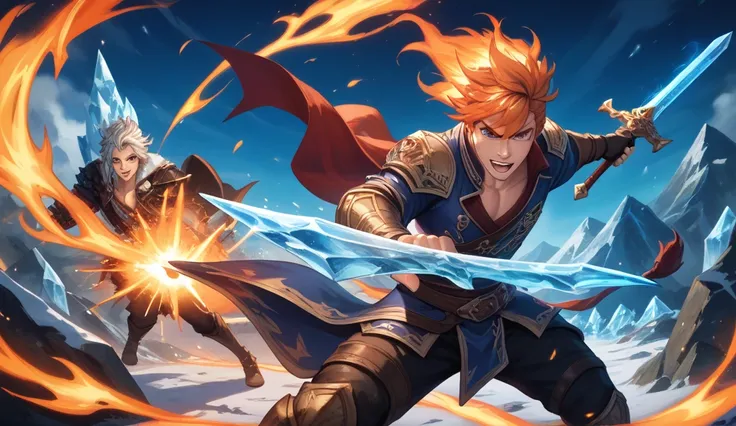 2 men are fighting, one person attacks with a sword、The other one is preventing attacks with something like a telekinesis barrier。, creates strong defense, unleashes a fire attack on one hand, In a dark sky, Epic Fantasy Art Style hd,  Epic Fantasy Digital...