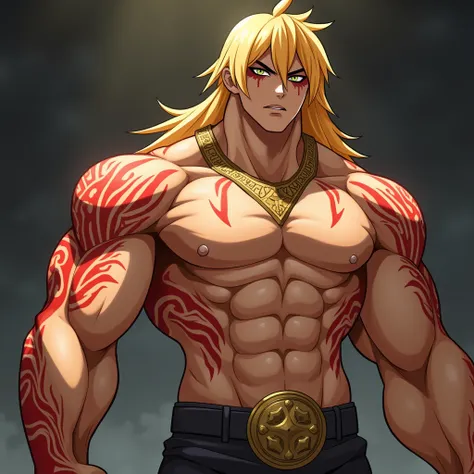 A man with a very well exercised muscular physique with strong pectorals and biceps cosplaying an anime or video game character.  His torso is bare , with red tattoos or body paints in tribes along the chest, arms and abdomen . She also wears a gold neckla...