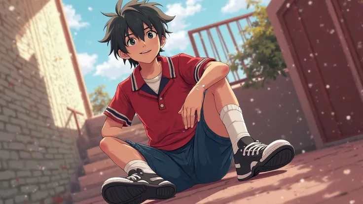 CREATE A 22-YEAR-OLD BOY NAMED ALEX IN A RED AND NAVY BLUE ANIME 2D SCHOOL UNIFORM AND FOR A SCRATCH GAME AND LET HIS BLACK SHOES SHOW