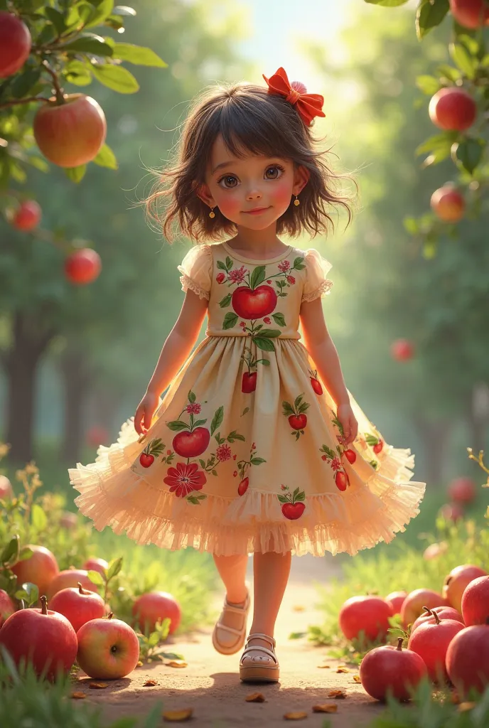 noo, the girl has to wear a dress that has apples on it, she has to walk towards the camera and have apples on the ground around her