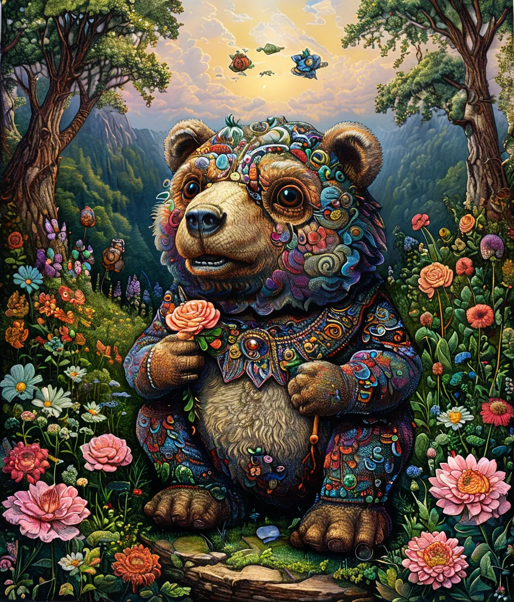 style of David Welker, (cute, chubby, male, bear), adorable, magical, fantasy, hires textures, highly detailed, intricate details, best quality, masterpiece, zPDXL3