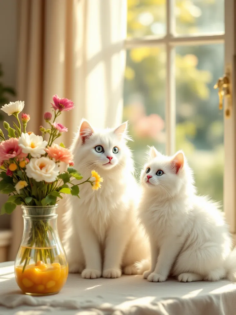 A white fluffy cat with a bouquet of flowers and a white fluffy cat, next to the table , there is a glass jug with fruit compote on the table, the sun is shining through the window, early spring, morning,high resolution,  realistically , professional photo...