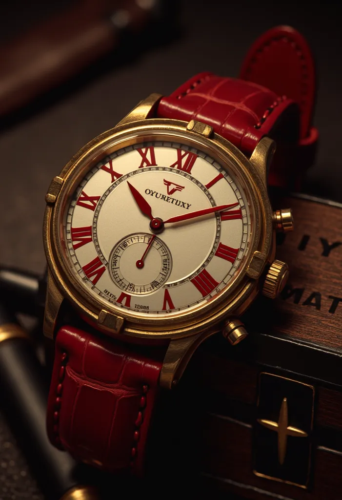 A very realistic watch ,gold gold, with red details ,the Roman numerals,with a very detailed wooden case with the (π ¥€),mark with the striking lighting that focuses on the watch,on a black table,with very realistic colors

  