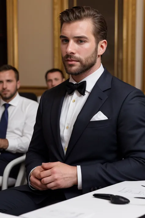 extremely handsome and very sexy 30-year-old hairy man in a very elegant suit at a meeting