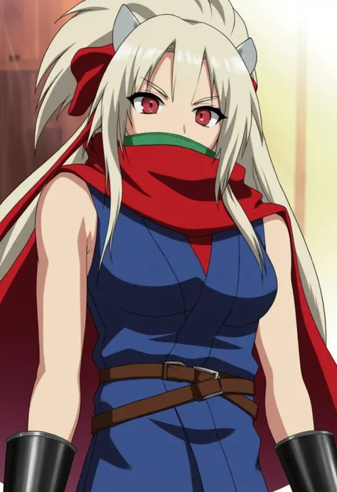 Medieval female , kunoichi Shinobi, mouth mask, red scarf, blue clothes, armor, sleeveless, arm guards, fingerless gloves, Kung fu boots, sheathed,1girl, Long Hair, Bangs, Blonde Hair, Blunt Bangs, Single Braid, assassin tesen fans shoulder pads and rich w...