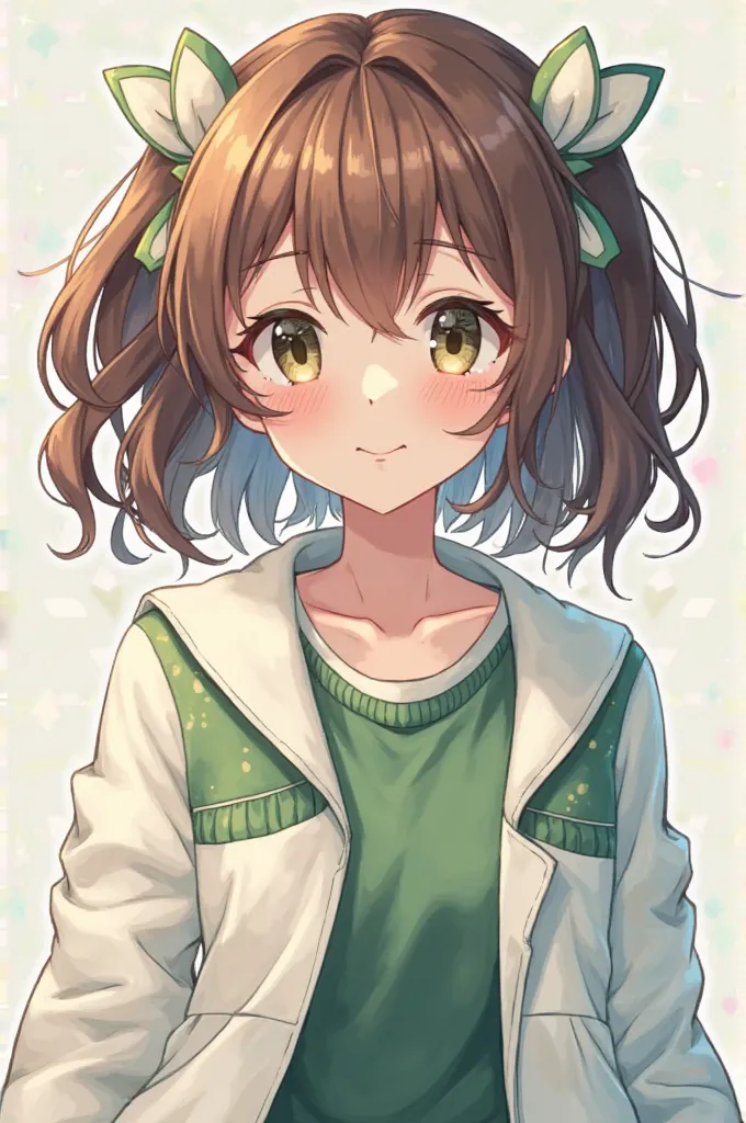 Anime girl with brown hair with not so long pigtails and a white and green coat 