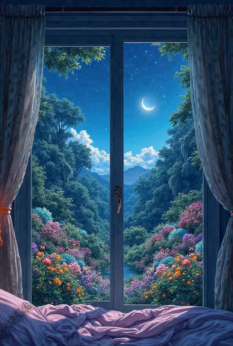 A realistic picture of a bedroom with a window overlooking a garden full of flowers and trees in front of it with ink with waves, moon, during the night, in a quiet and beautiful atmosphere