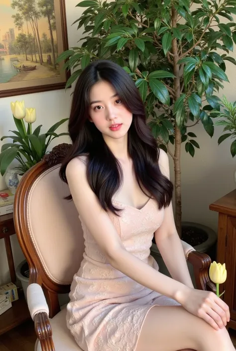 a woman sitting on a chair with elegant style. She wore a light pink lace dress and held a light yellow tulip in her hand. The background has many green trees and wall paintings, creating a gentle, sophisticated space. The exterior and interior have a clas...