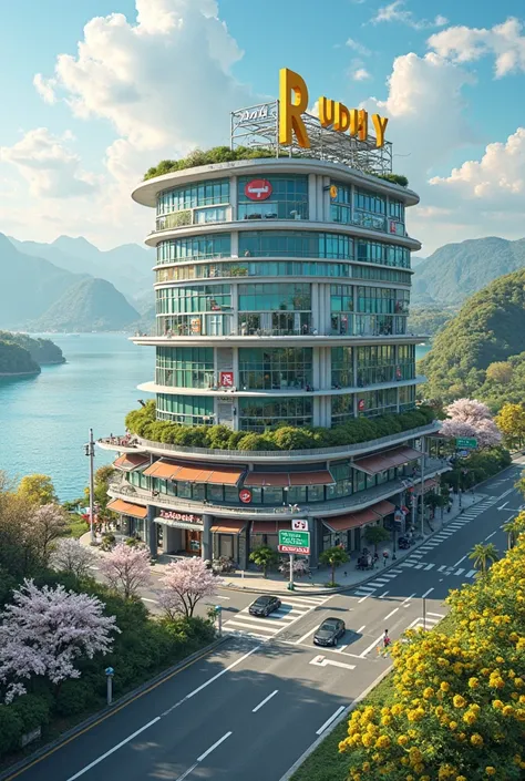 Futuristic building design with the logo RUSDHY HOTEL, Daytime, Futuristic rooftop design, plant and antique hut rooftop, (((Advertising banners))), (((white and yellow sakura flowers))), ((Adjacent to the highway)), ((highway intersection)), surrounded by...