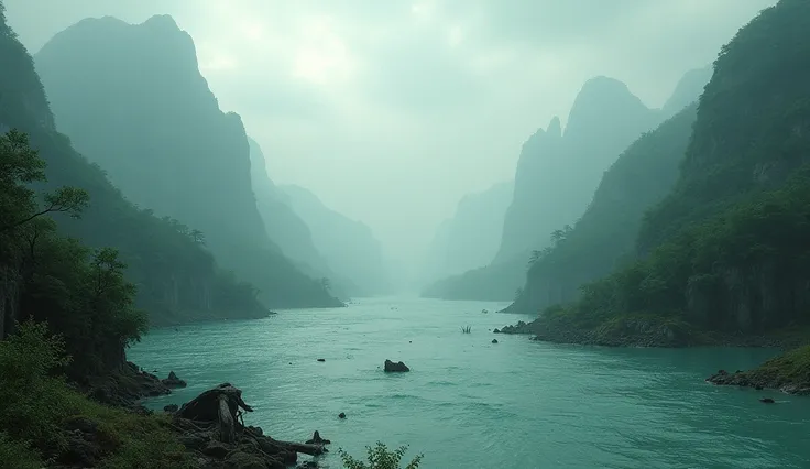 A flooded landscape, with mountains and trees submerged, showing the magnitude of the flood