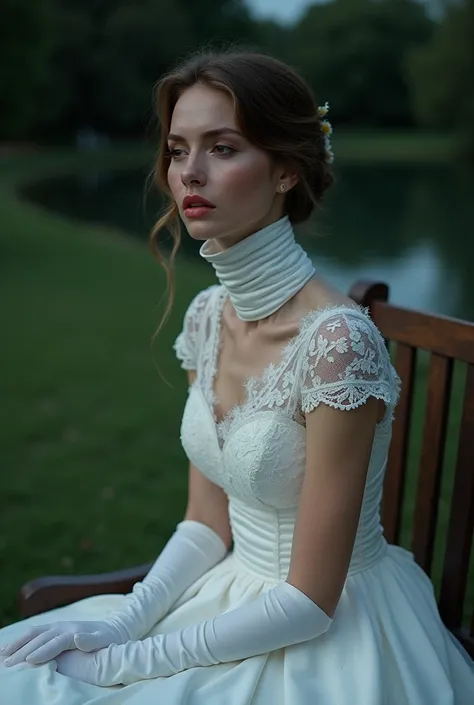 Beautiful woman with an extremely long neck. She wears a wedding dress ,  completely white, with a tight high collar, corrugated , that wraps around and covers her entire long neck. The fabric of the dress is made of delicate lace and satin, with short sle...