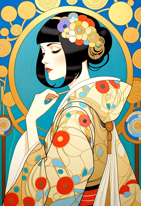 Masterpiece Paintings, wonderful,  Graceful and sensual woman ,   Gustav Klimt  :   art nouveau style , George Barbier  : Art Deco style,   flat illustration  , looks sleepy, {{kiss, Open back, Paul Klee:   Abstract Style  ,  BEAUTIFUL JAPANESE WOMAN, from...