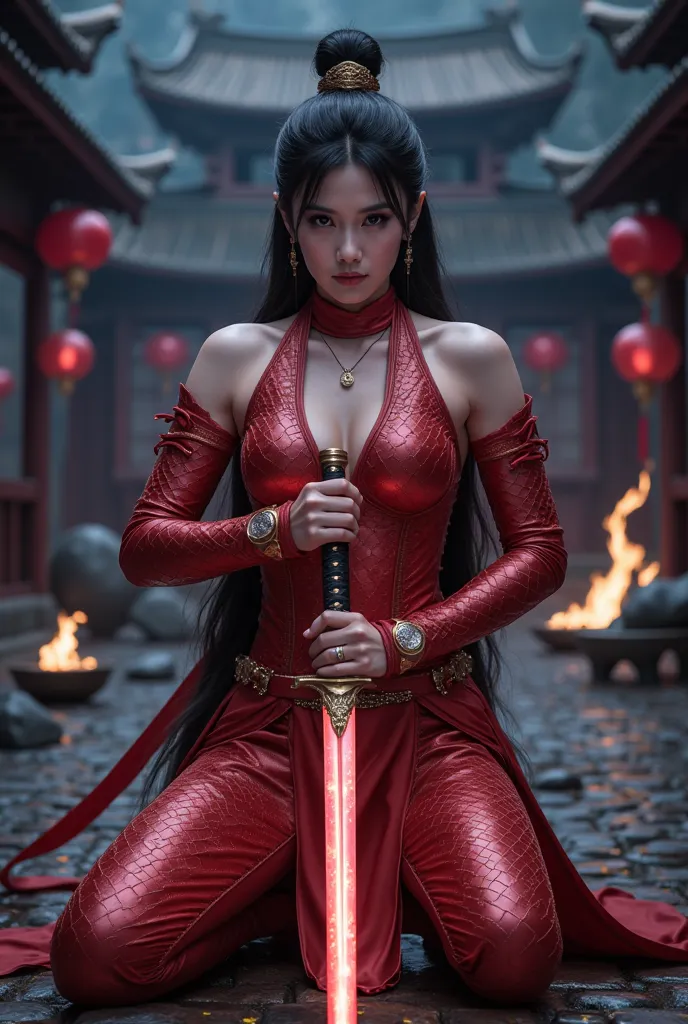 (Close up). A battle scene in which a sexy female ninja lands in metalic red、Place one hand on the floor and hold the wuxia long sword horizontally in front of your face.、Intricate chain mail that fits the body perfectly、sexy， Serious Eyes、Low fighting sta...