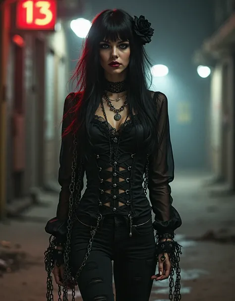 Full-body shot, gothic rockstar lady, pale makeup, smudgy eyeshadow, dark lipstick, long black hair with red front edge, gothic blouse with laces, black jeans. Huge chains tangled all over, like prisoner restraints, tied to bracelets. Many piercings, nose ...