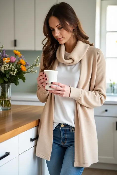 attire: The woman wears a soft and large beige wool cardigan with a high collar, over a white blouse. The cardigan is casually placed on her shoulders and she wears skinny jeans. stage: A bright, modern kitchen with wooden countertops and a bouquet of fres...