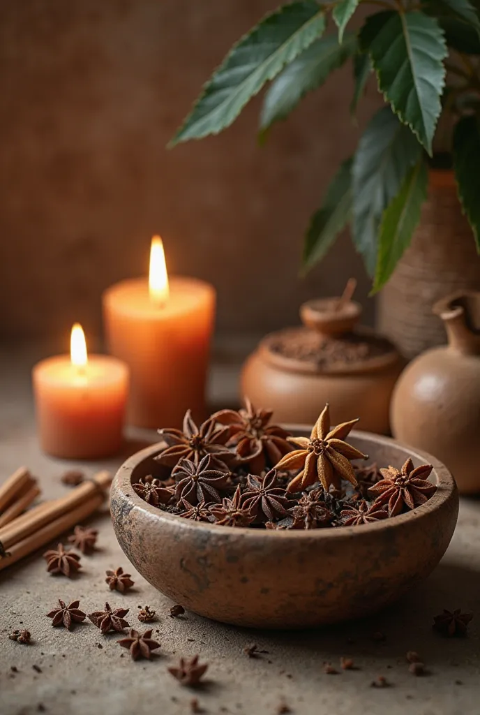 Create an image of a bowl with cloves, incense, cloves and candles 

