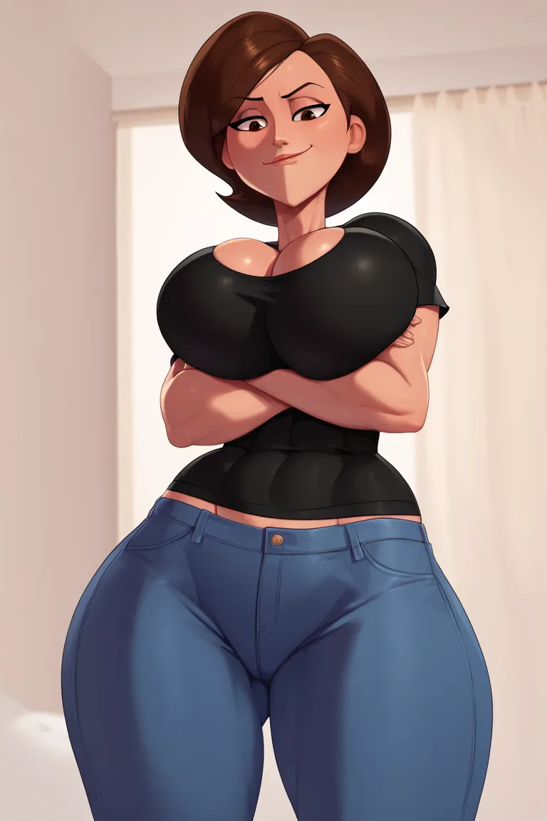 score_9, score_8_up, score_7_up, score_6_up, score_5_up, score_4_up, large breasts, black loose pants, black shirt, helen parr, elastigirl, looking at viewer, standing, smirk, hip cocked, house background, looking down at viewer, closed mouth, arms crossed...