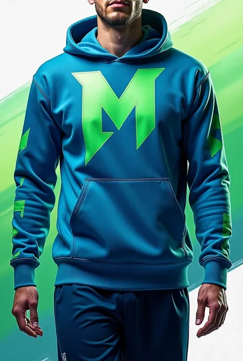 Blue and green sports sweater with a large sublimated M logo 