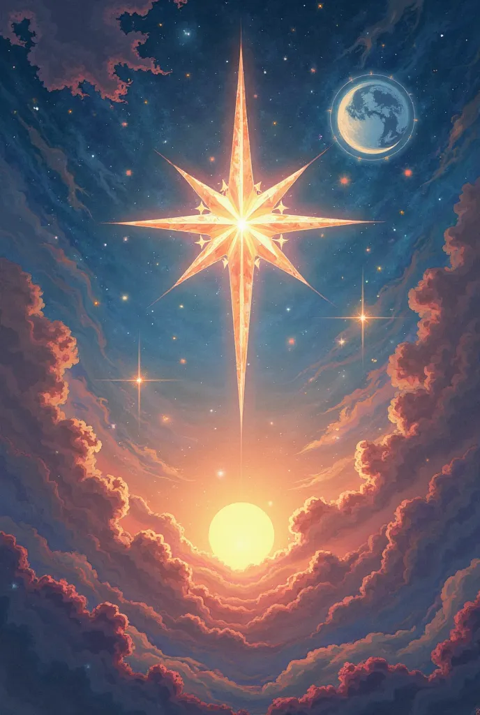 A five-pointed star with a full moon, a sun and a sky full of colors. 