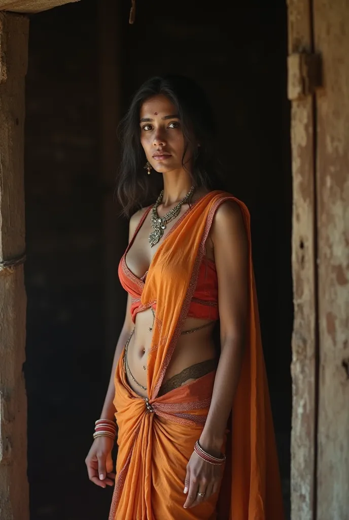 Realistic photo of a Beautiful Indian Woman with white Skin, Wearing a low cut (any colour)saree without blouse navel exposed and is inside a barn, she's tired and her saree is torn,there's a old man without clothes sleeping behind her(close up)