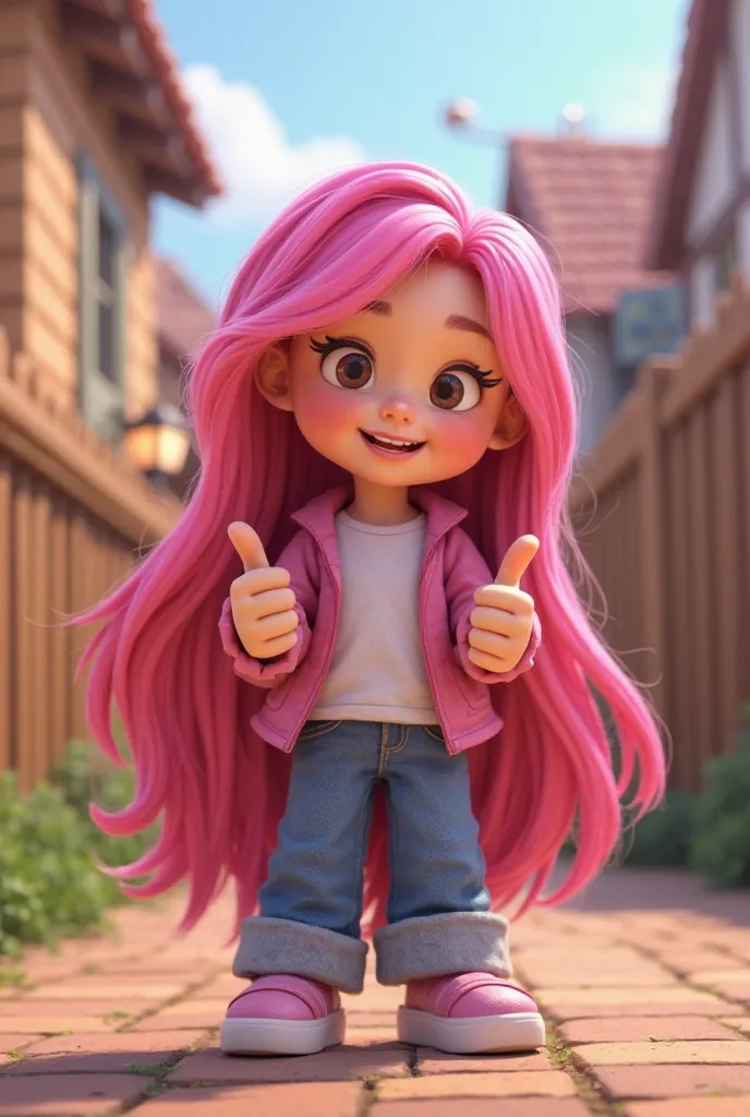 Makes an animated character, In girl, with long pink hair , with a fence like in Roblox, Tender face happy and holding hands with make this sign👍