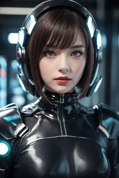  close-up of a woman wearing a futuristic helmet and red lipstick, Cyberpunk Jackie Wells, cgsociety 9,  style for stilets = Retro futuristic ,  beautiful android woman ,   female android ,  retro futuristic fashion , movie「 Blade Runner 」Still image of, F...