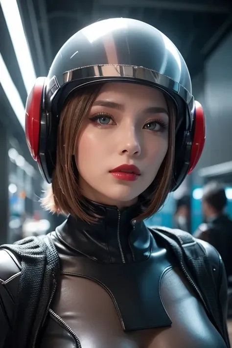  close-up of a woman wearing a futuristic helmet and red lipstick, Cyberpunk Jackie Wells, cgsociety 9,  style for stilets = Retro futuristic ,  beautiful android woman ,   female android ,  retro futuristic fashion , movie「 Blade Runner 」Still image of, F...