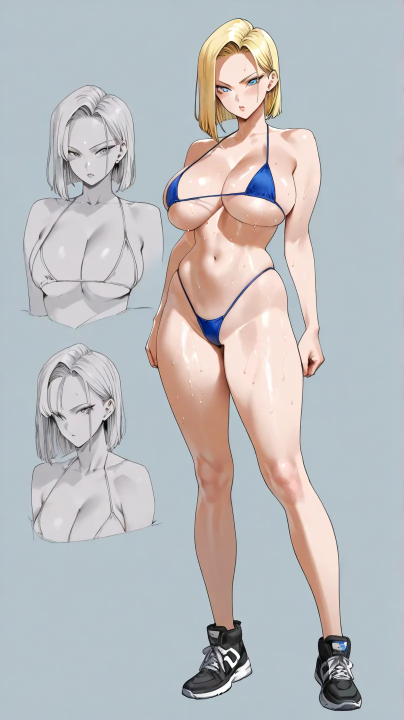 US ,32K、Best Masterpiece、 top quality、Original Works、Detailed view、 detailed eyes 、detailed faces、 Detailed Lips 、 alone、beauty、big breasts、sweat、 Dragon Ball's characters 、Android 18、micro bikini、(  urban background)、Stunning hair  、An expression that loo...