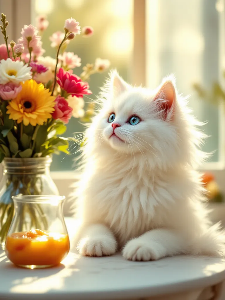 White fluffy cat in paws a bouquet of flowers and a white fluffy cat, next to the table , there is a glass jug with fruit compote on the table, the sun is shining through the window, early spring, morning,high resolution,  realistically , professional phot...